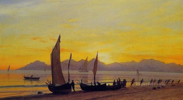  sun Oil Painting - Boats Ashore At Sunset luminism Albert Bierstadt